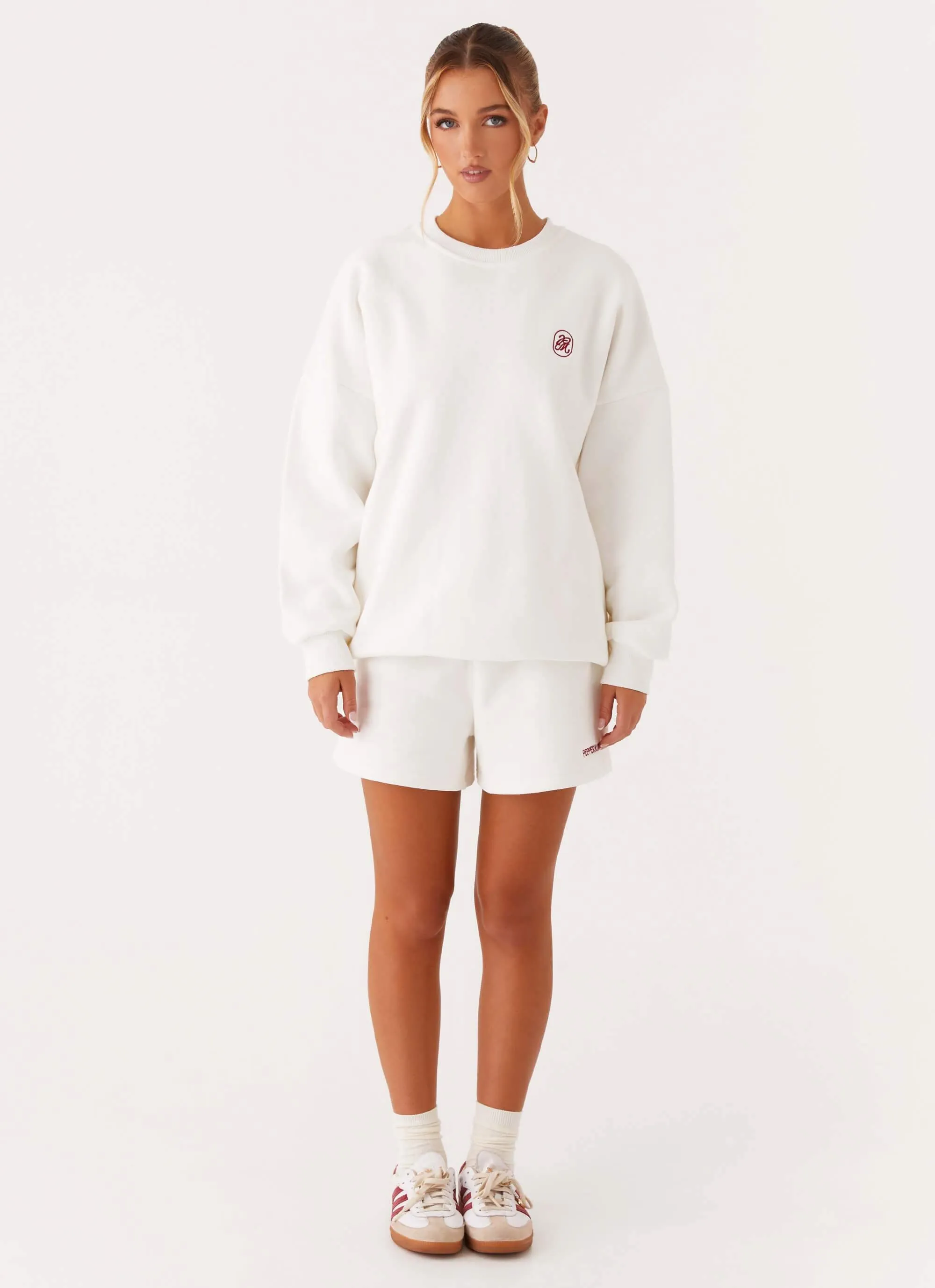 Stretchable Blend Sheer Overlay Material Signature Oversized Sweatshirt - Ivory