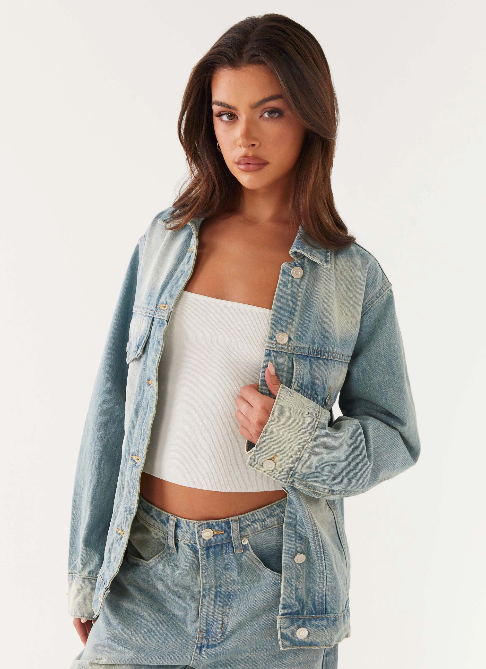 Quilted Pattern Maxwell Denim Jacket - Washed Blue