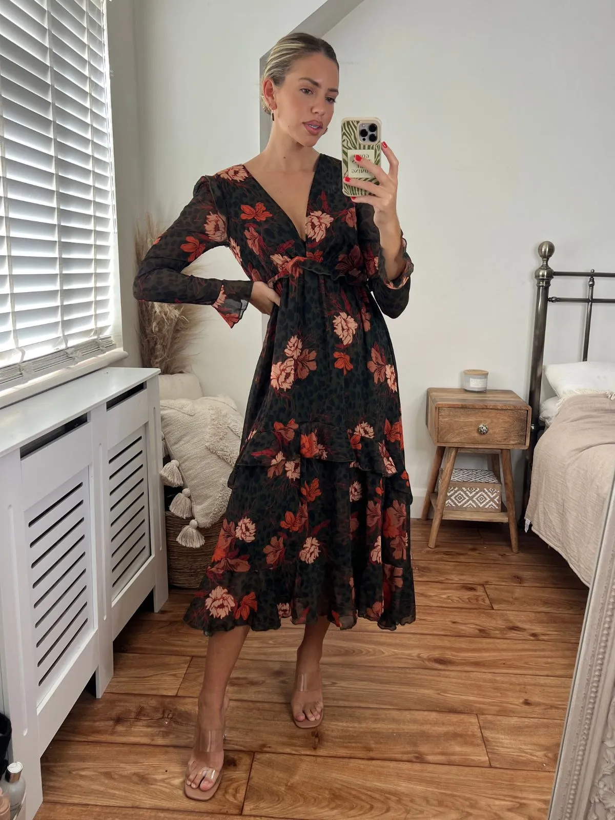 Comfy Layers Fit Waist Birdie Frill Tie Back Dress / Orange and Khaki Floral