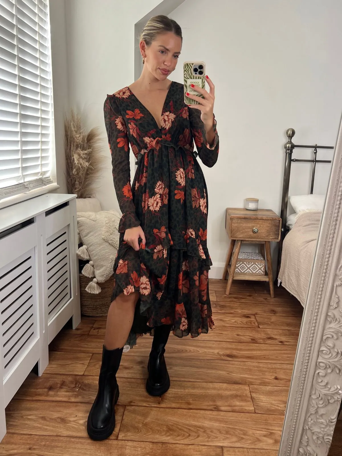 Birdie Frill Tie Back Dress / Orange and Khaki Floral Understated Elegance