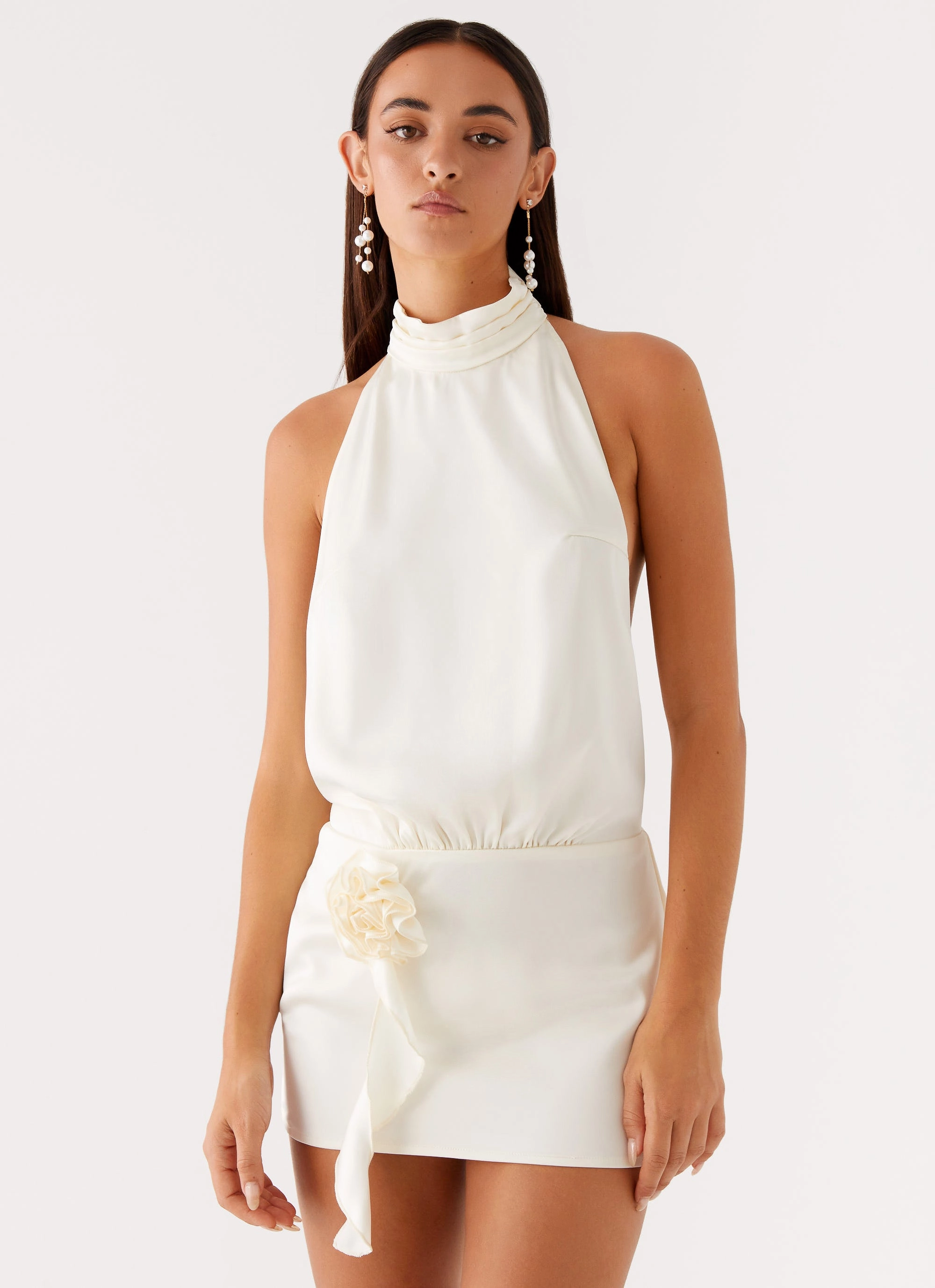 Birdie Halterneck Mini Dress - Ivory Empire Waist