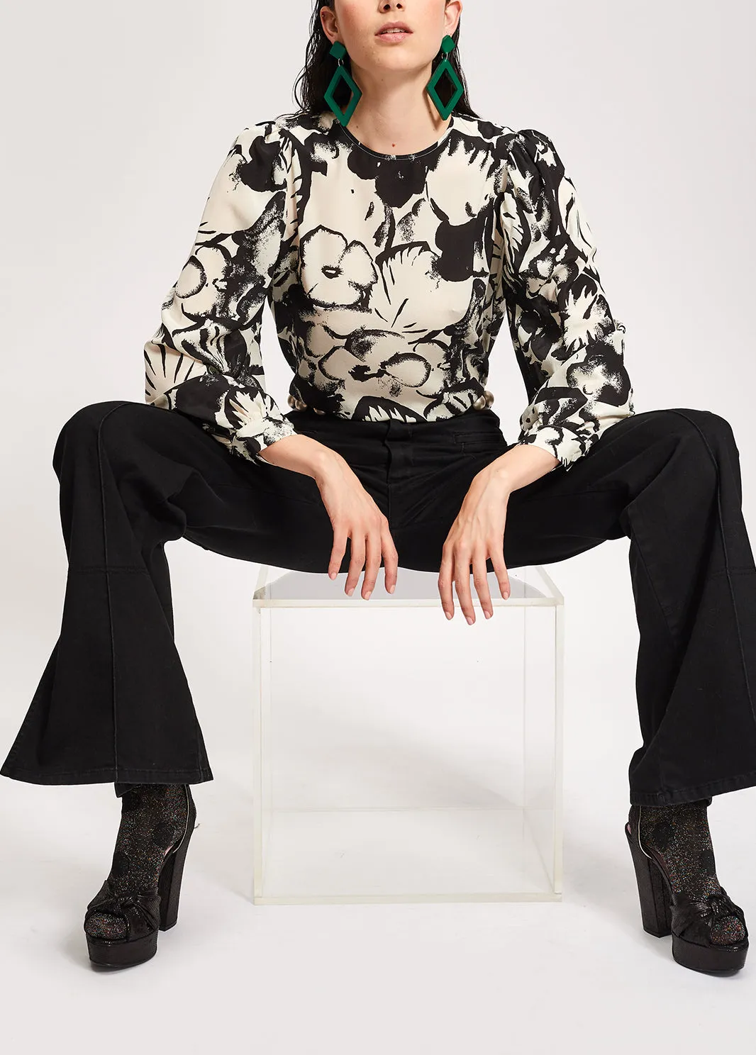 Black cotton-blend flared jeans