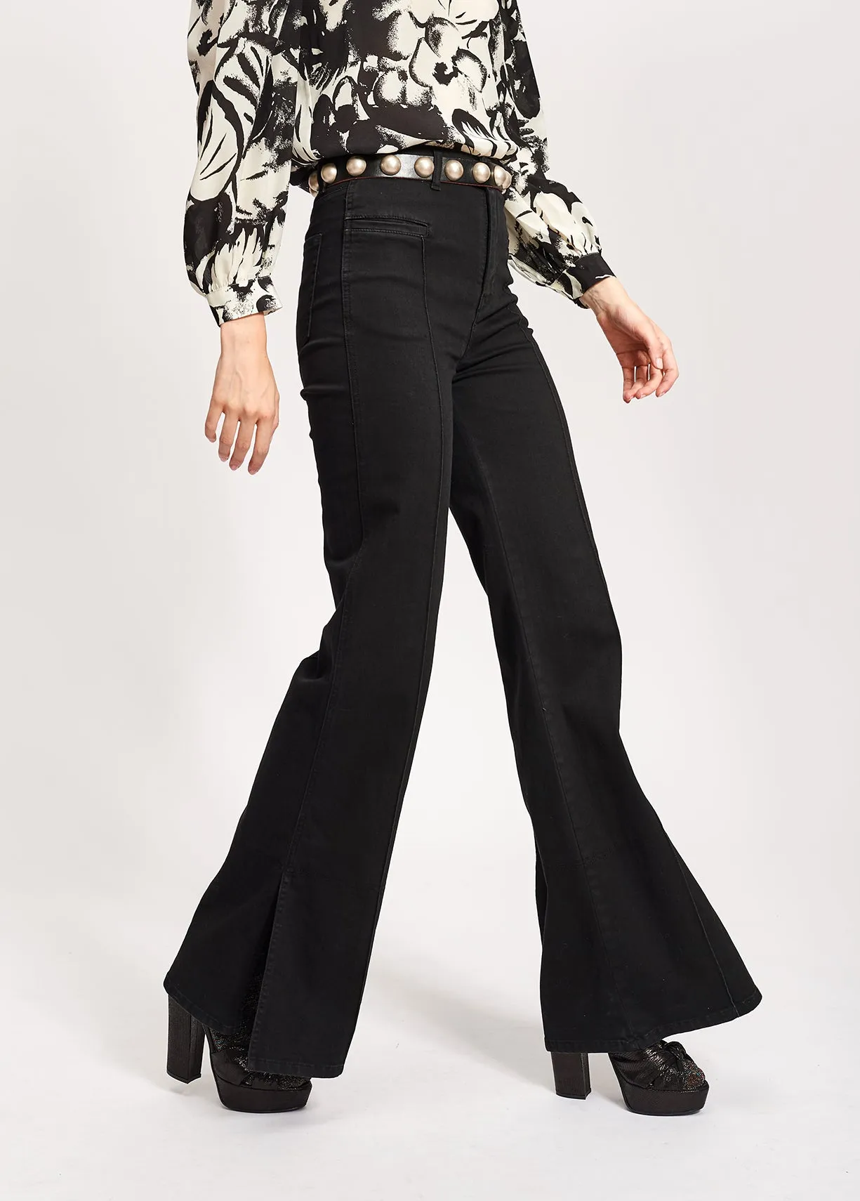 Black cotton-blend flared jeans
