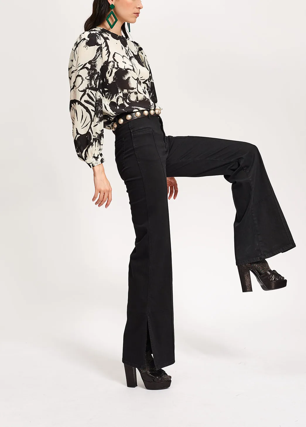 Black cotton-blend flared jeans