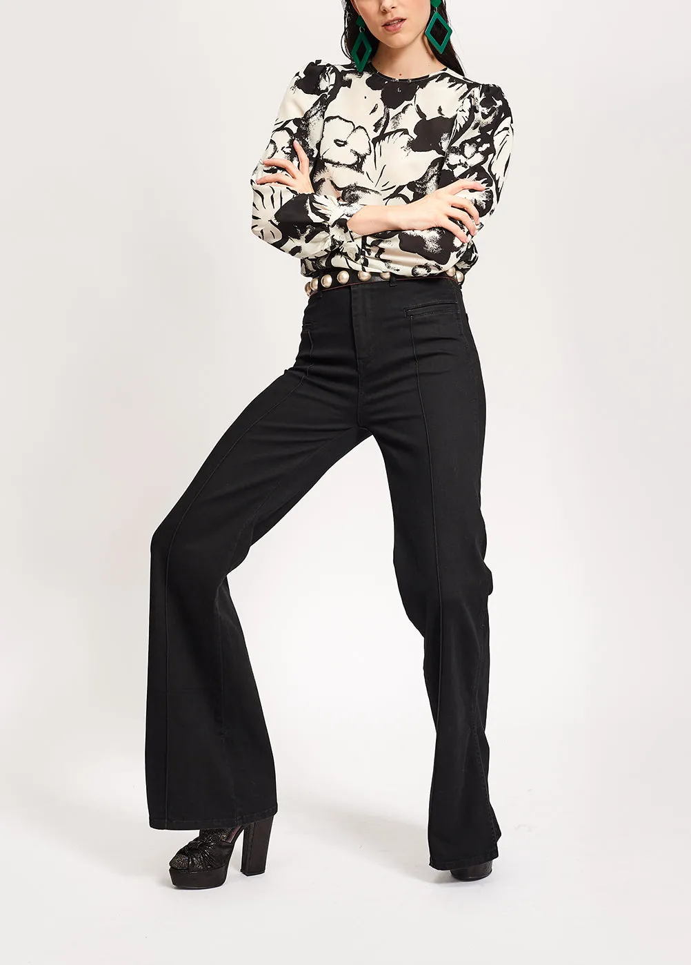 Black cotton-blend flared jeans