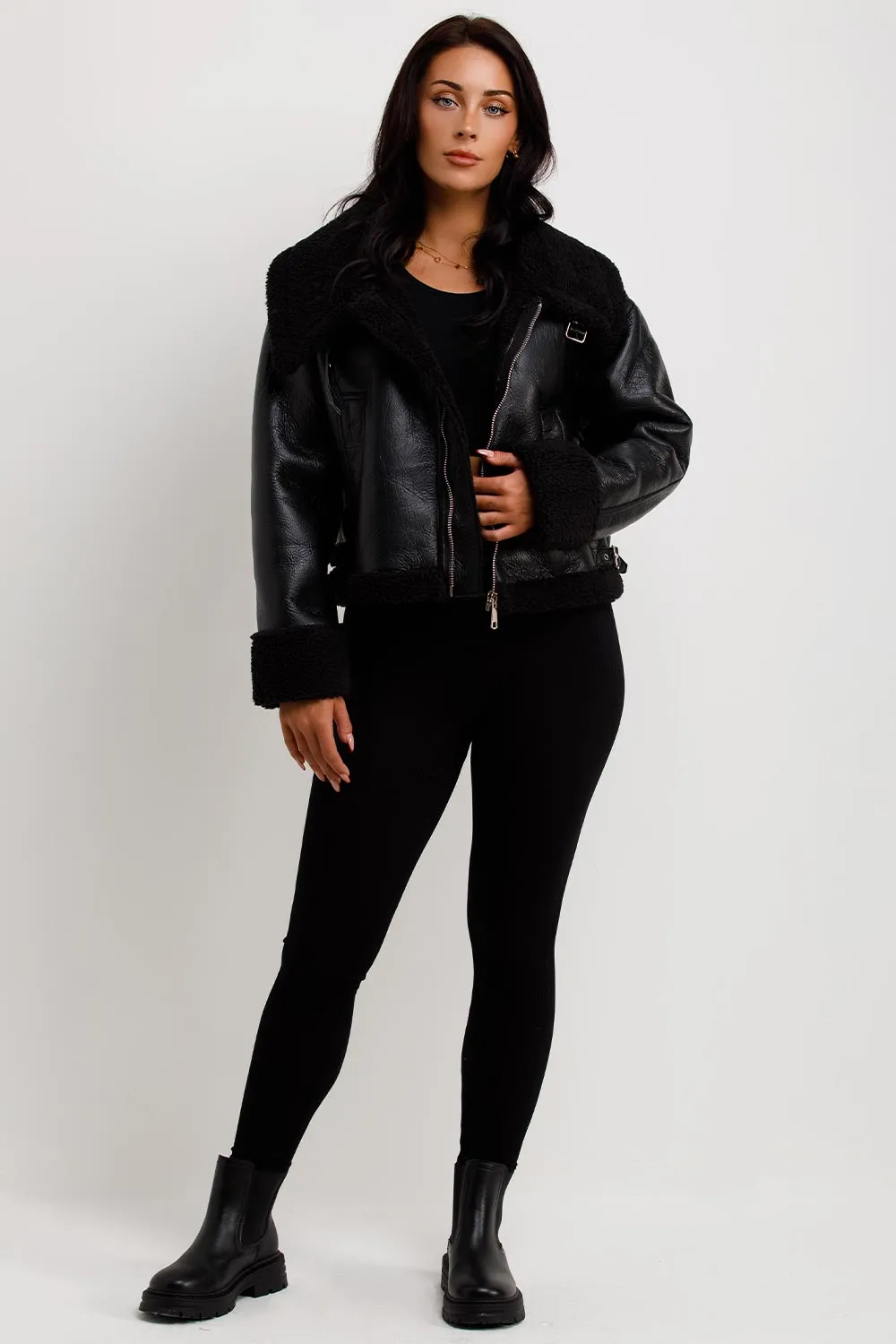 Black Faux Leather Aviator Jacket With Belt