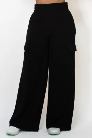 Black High-Rise Wide Elastic Cargo Pants