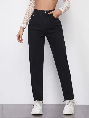 Black high waisted raw hem straight jeans