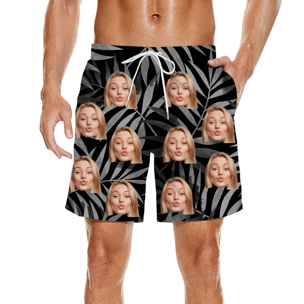 Black Leaves Print Men's Hawaiian Shirt & Beach Shorts Custom Face Personalized Top
