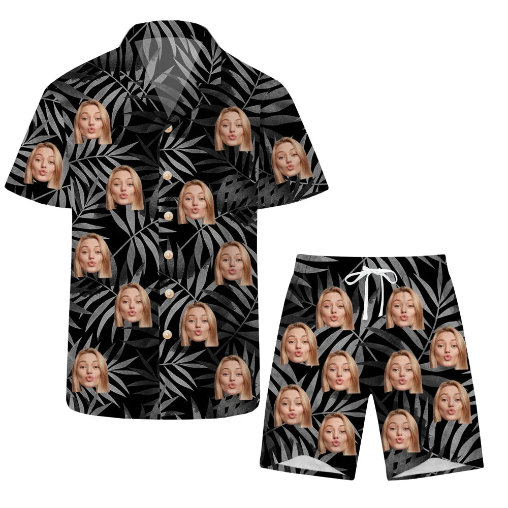 Black Leaves Print Men's Hawaiian Shirt & Beach Shorts Custom Face Personalized Top