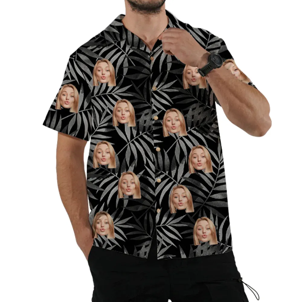 Black Leaves Print Men's Hawaiian Shirt & Beach Shorts Custom Face Personalized Top