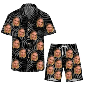 Black Leaves Print Men's Hawaiian Shirt & Beach Shorts Custom Face Personalized Top