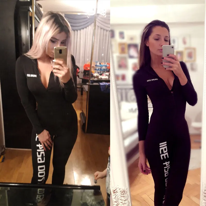 Black Long Sleeve Letter Print Bodycon Skinny Jumpsuits