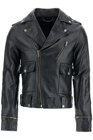 black waxed leather biker jacket with zip GMP02258 P001195 BLACK