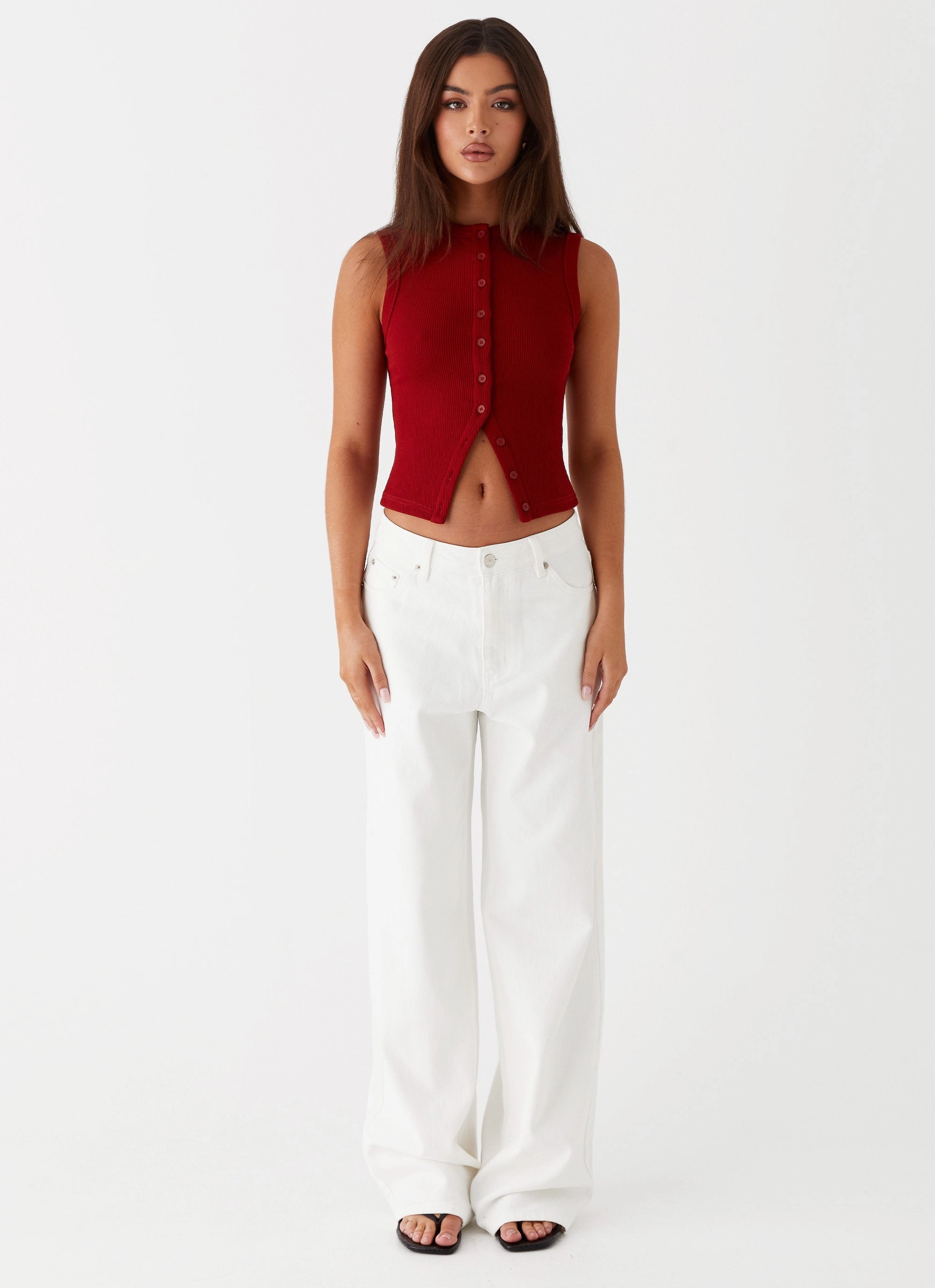 Blair Buttoned Tank Top - Ribbed Knit Double Layered Hem Reinforcement