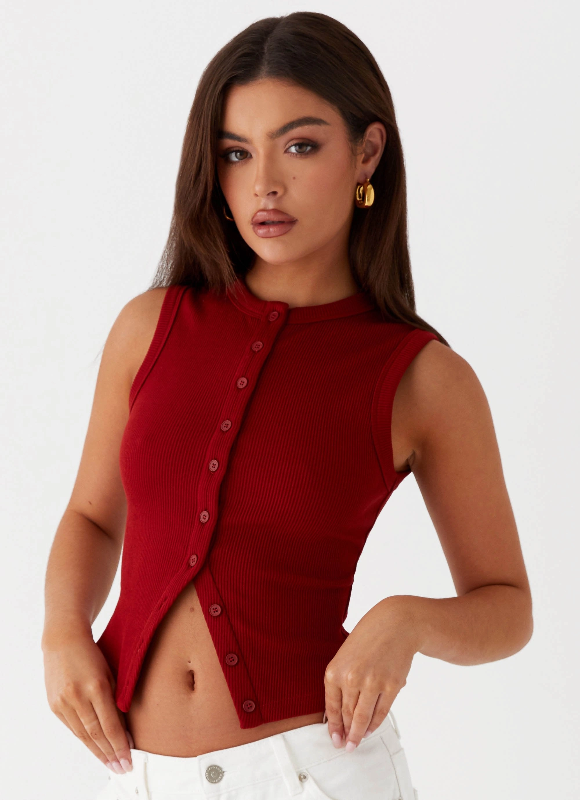 Layered Hem Detailing Blair Buttoned Tank Top - Ribbed Knit