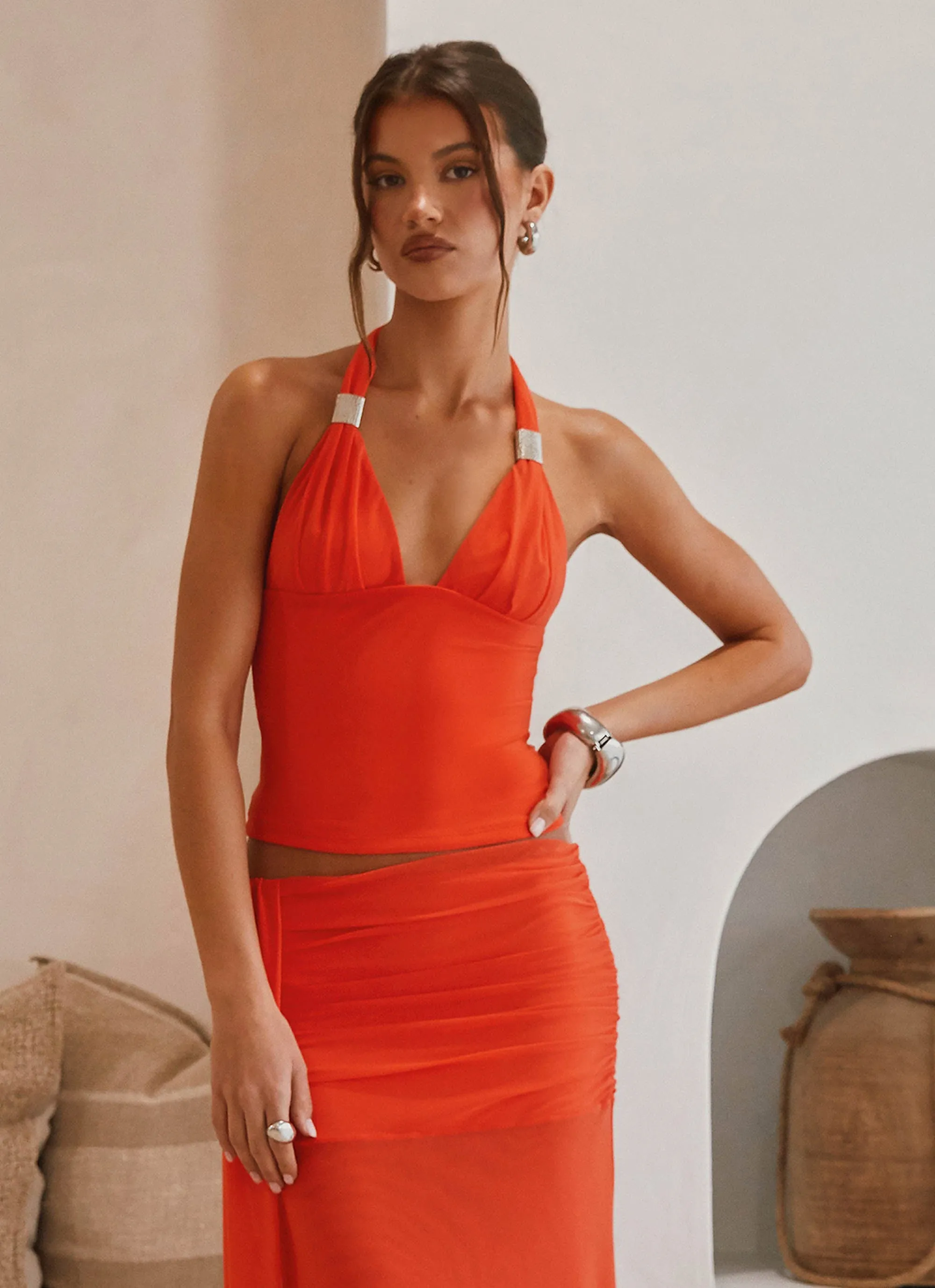 Tencel Cotton Hybrid Weave Flatlock stitching Blaze Halter Top - Fire Red