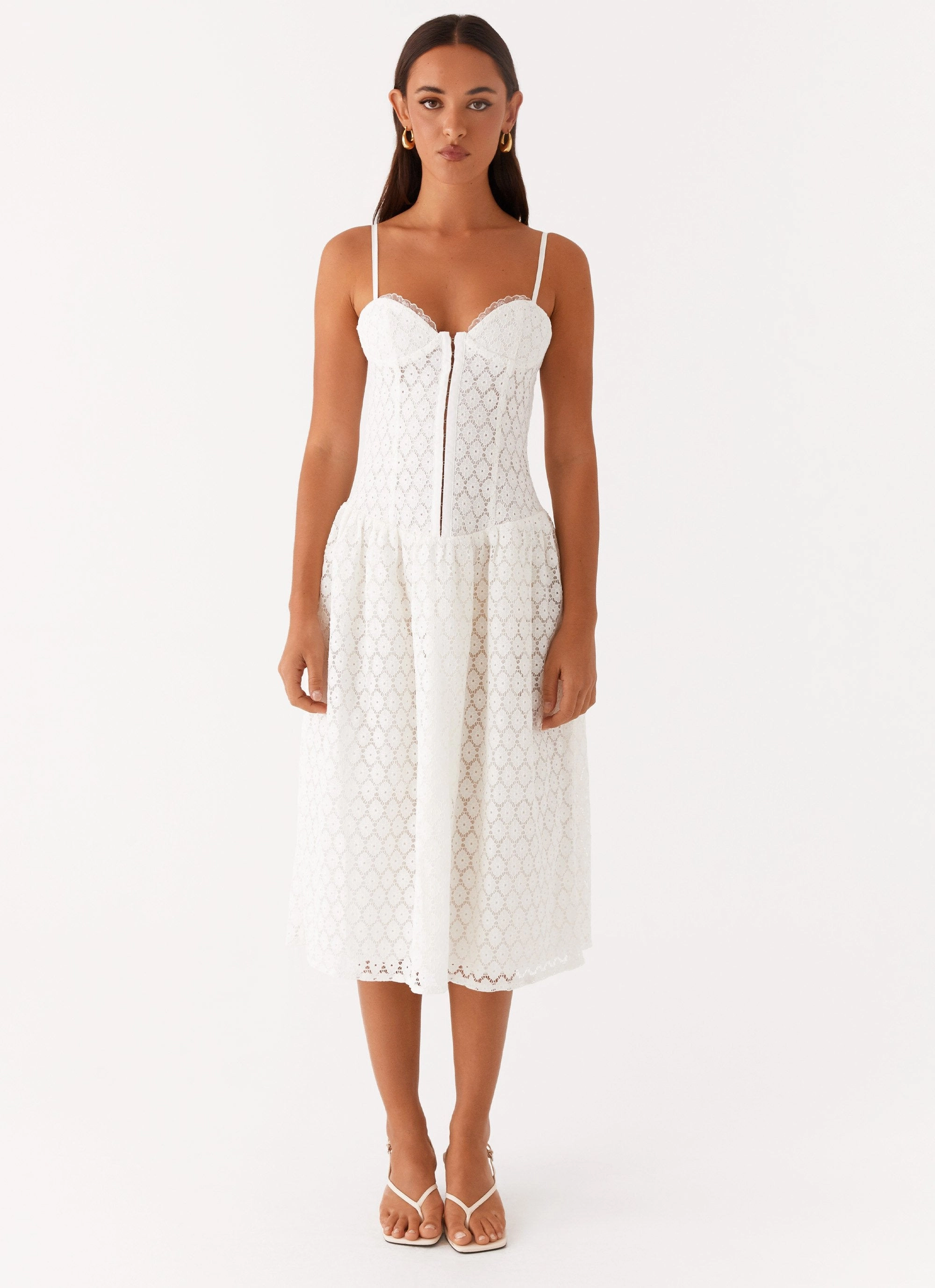 Blooming Corset Midi Dress - White Classic Fit Fluid Fabric