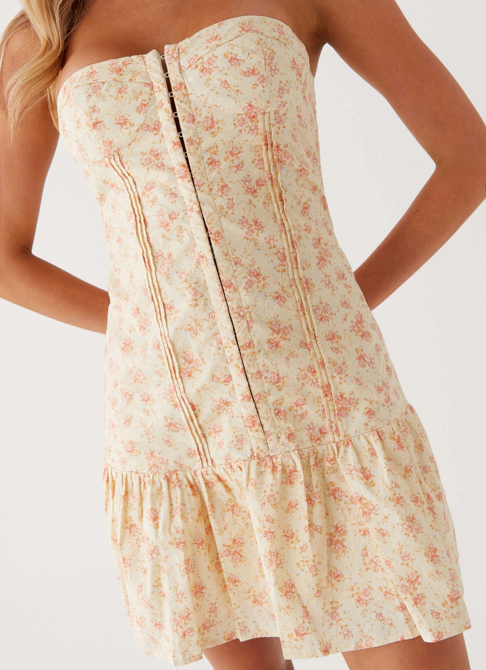 Smart Waistband Fit Flattering Style Bloomsbury Bustier Mini Dress - Yellow Ditsy Floral