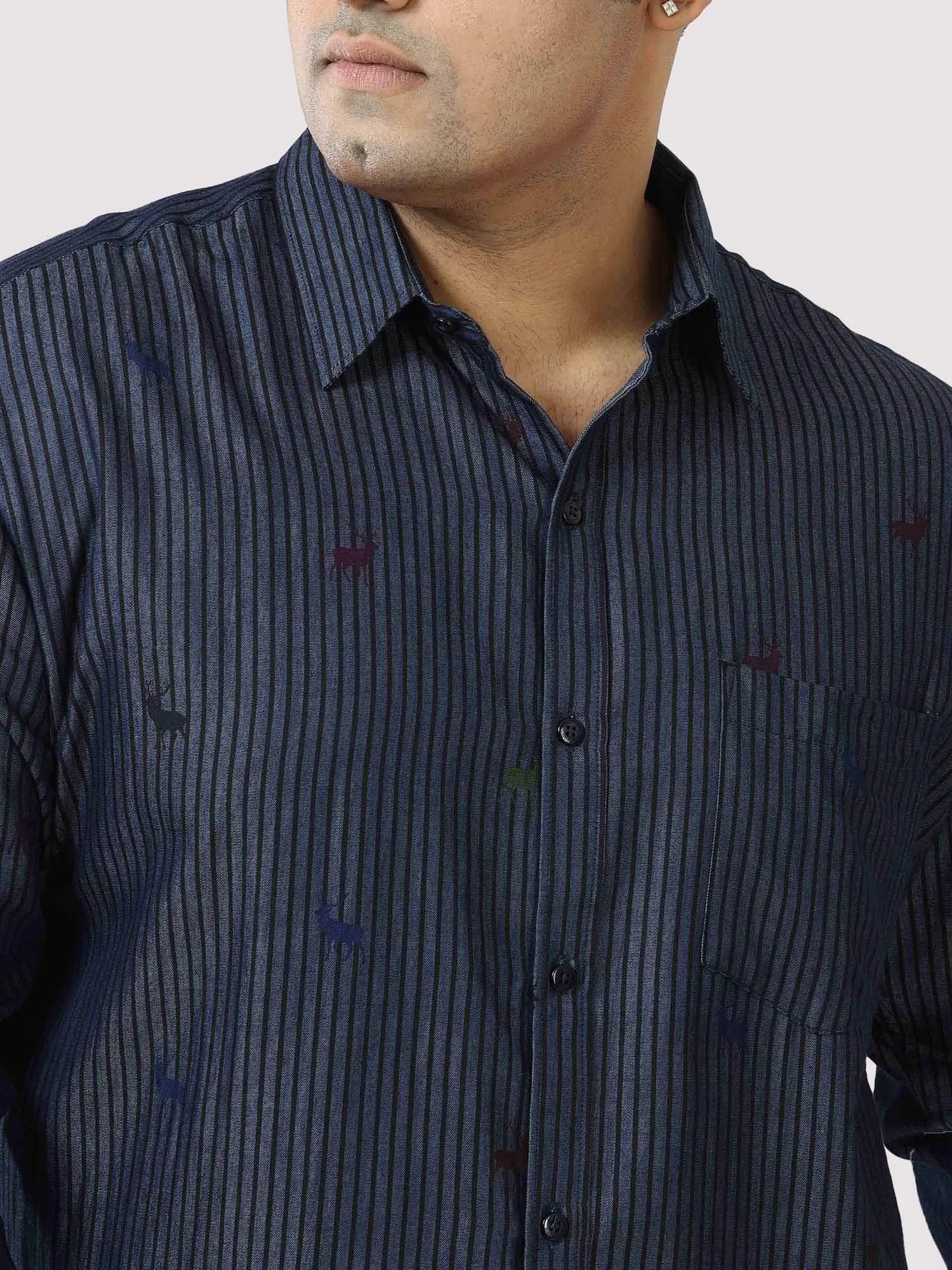 Blue Denim Stripe Printed  Full  Sleeve Shirt Men's Plus Size