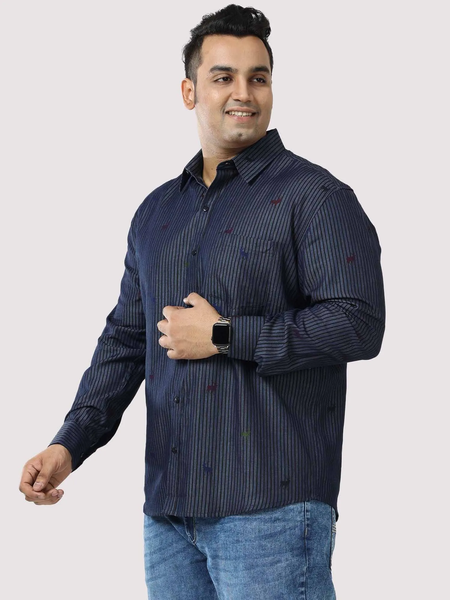 Blue Denim Stripe Printed  Full  Sleeve Shirt Men's Plus Size
