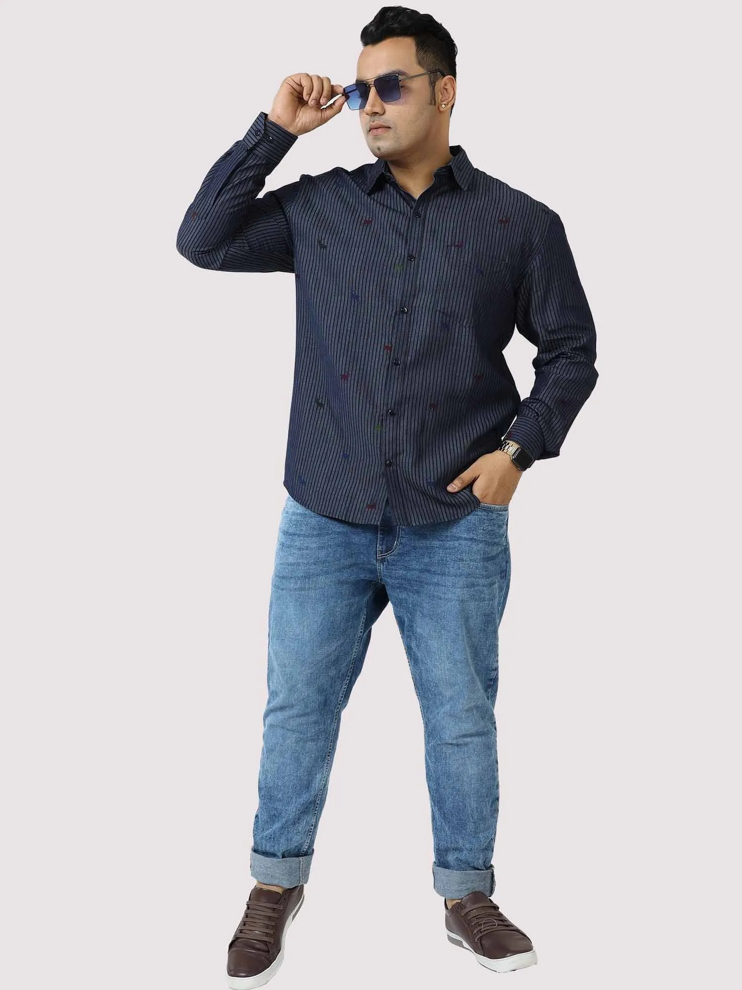 Blue Denim Stripe Printed  Full  Sleeve Shirt Men's Plus Size