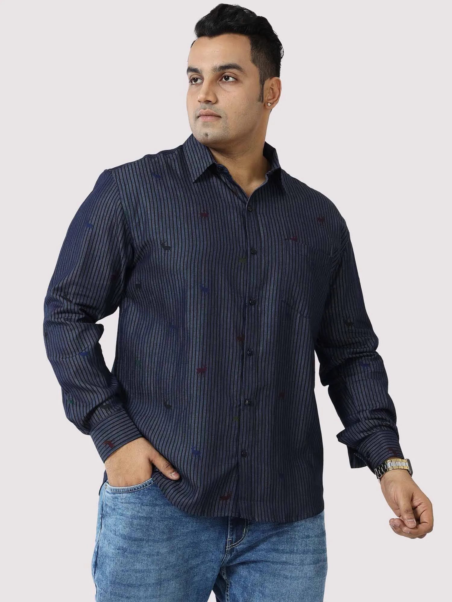 Blue Denim Stripe Printed  Full  Sleeve Shirt Men's Plus Size