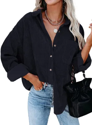 Blue Long Sleeve Womens Corduroy Button Down Shirts Boyfriend Long Sleeve Oversized Blouses Tops - Dokotoo