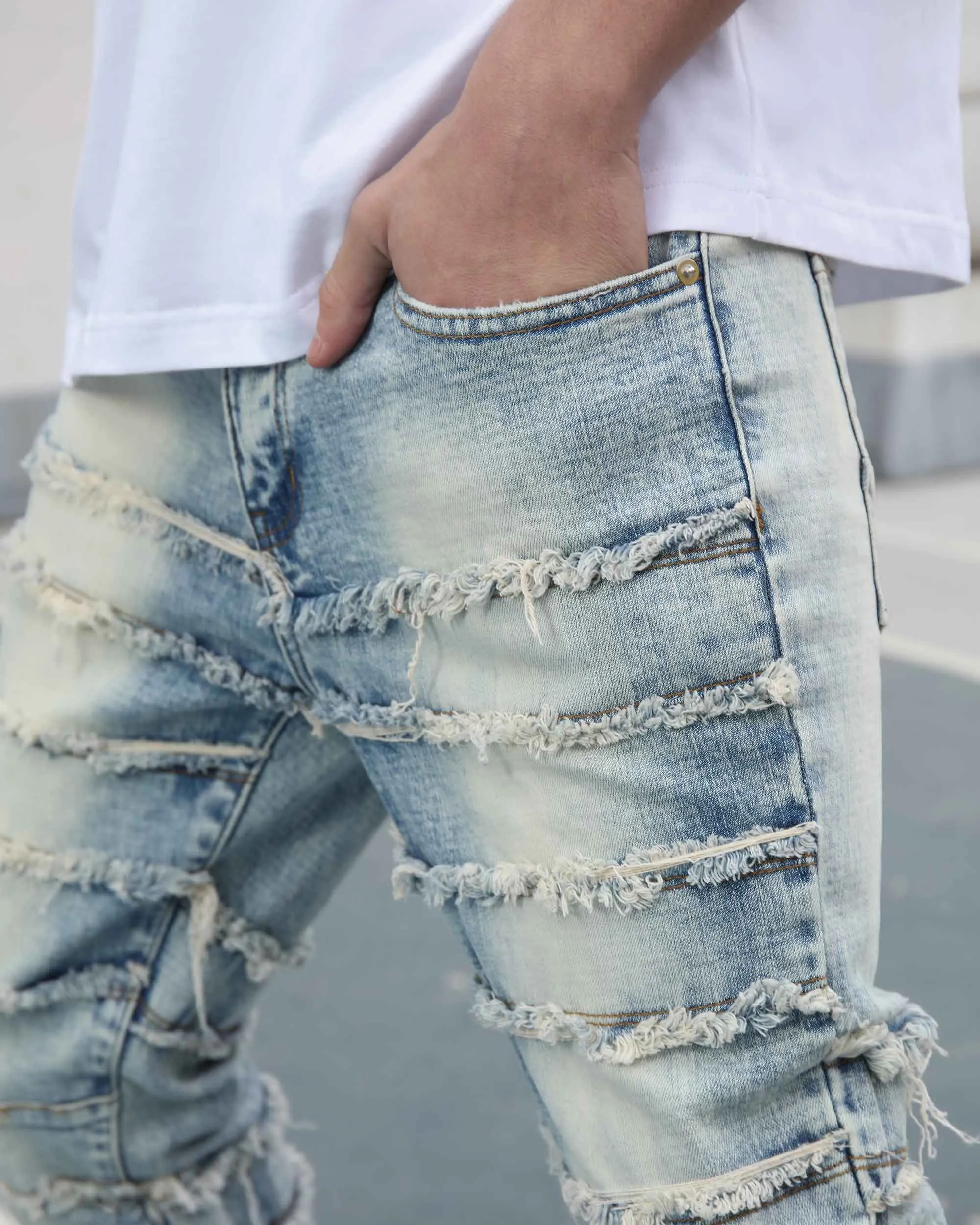 Blue Retro Stacked Jeans with Tassel in Light Wash-Mexico Local Delivery