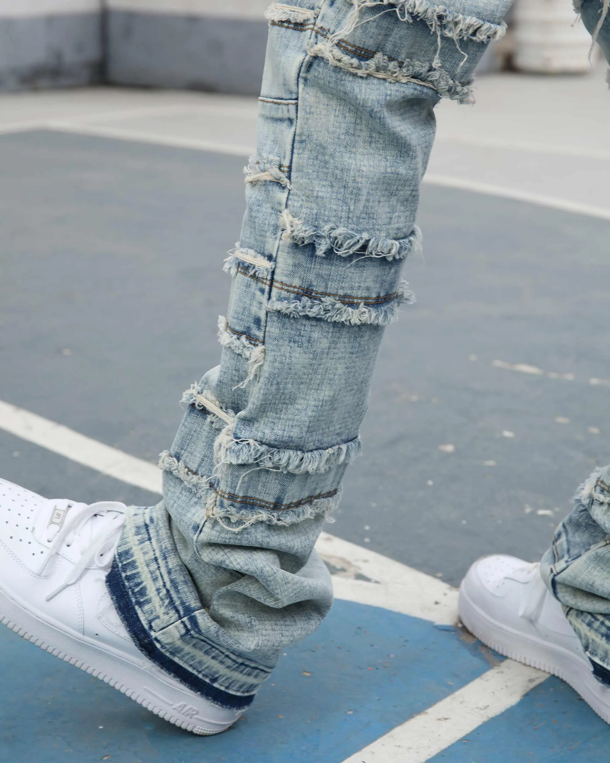 Blue Retro Stacked Jeans with Tassel in Light Wash-Mexico Local Delivery
