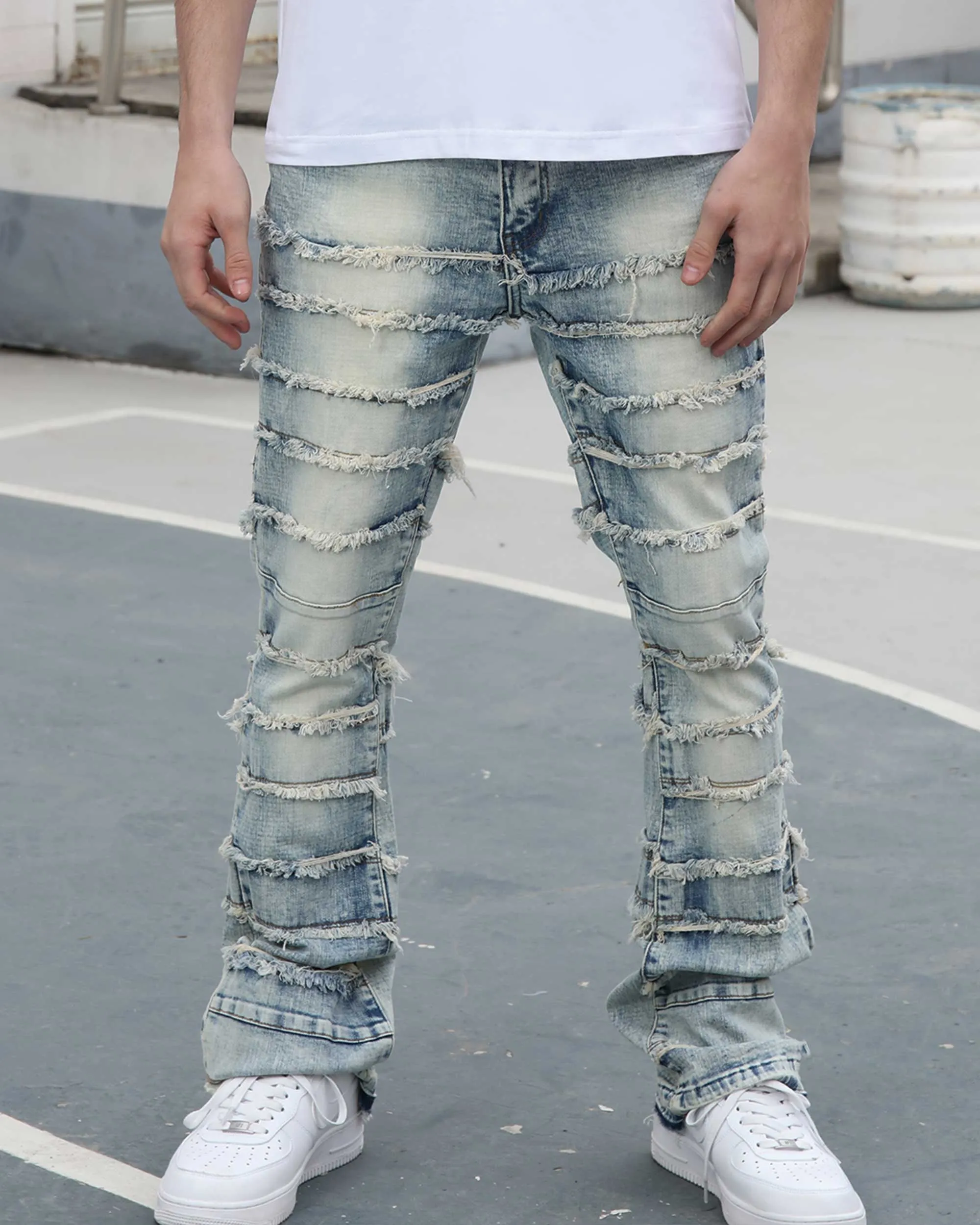 Blue Retro Stacked Jeans with Tassel in Light Wash-Mexico Local Delivery