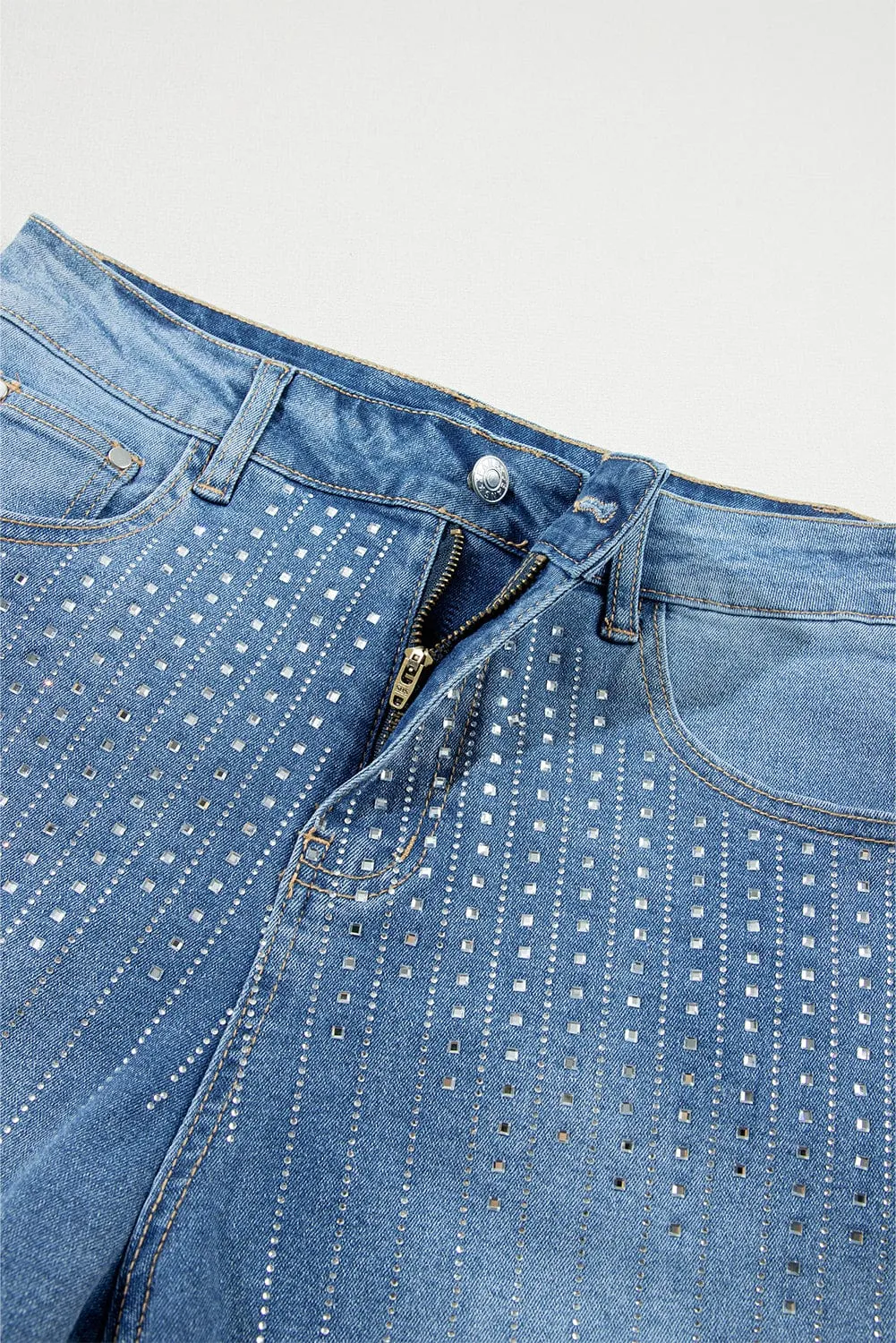 Blue Sparkle Denim Shorts with Rhinestone Accents
