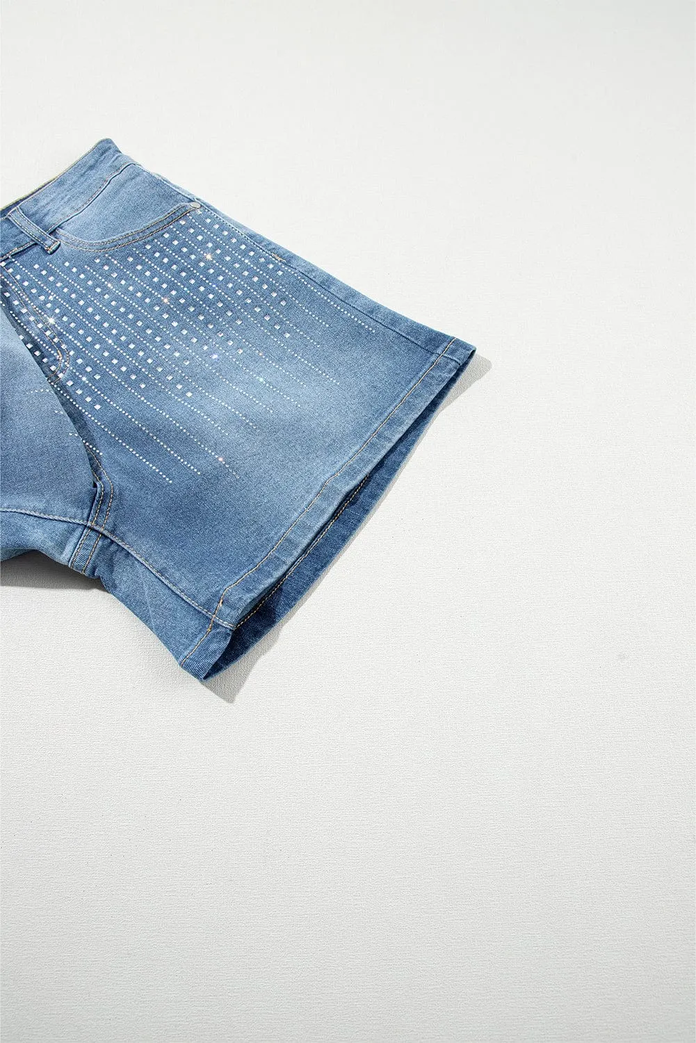 Blue Sparkle Denim Shorts with Rhinestone Accents