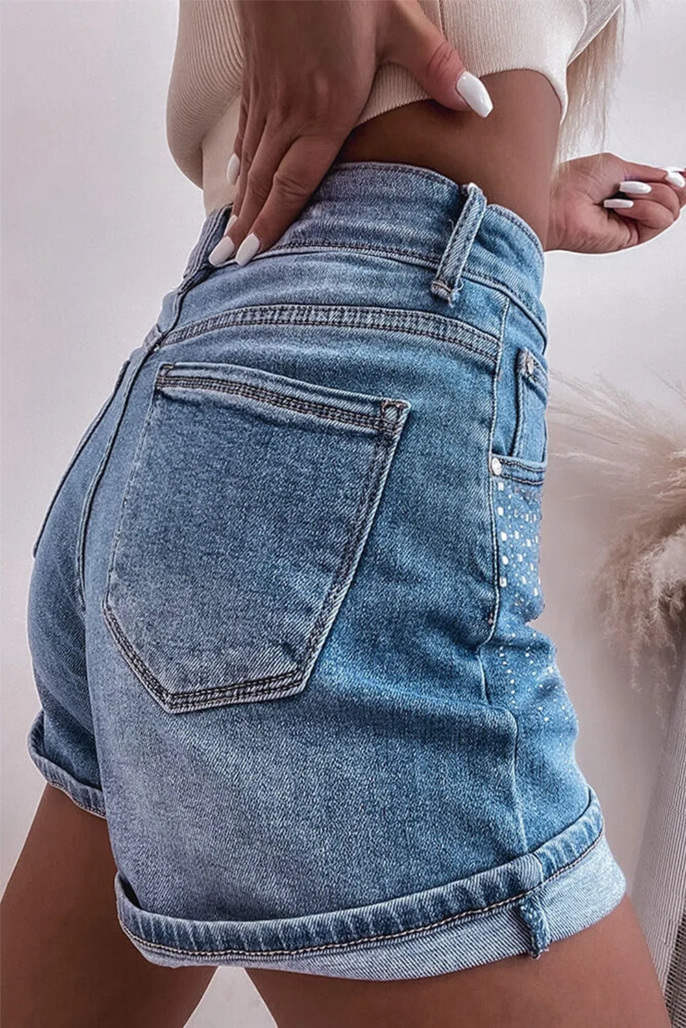 Blue Sparkle Denim Shorts with Rhinestone Accents
