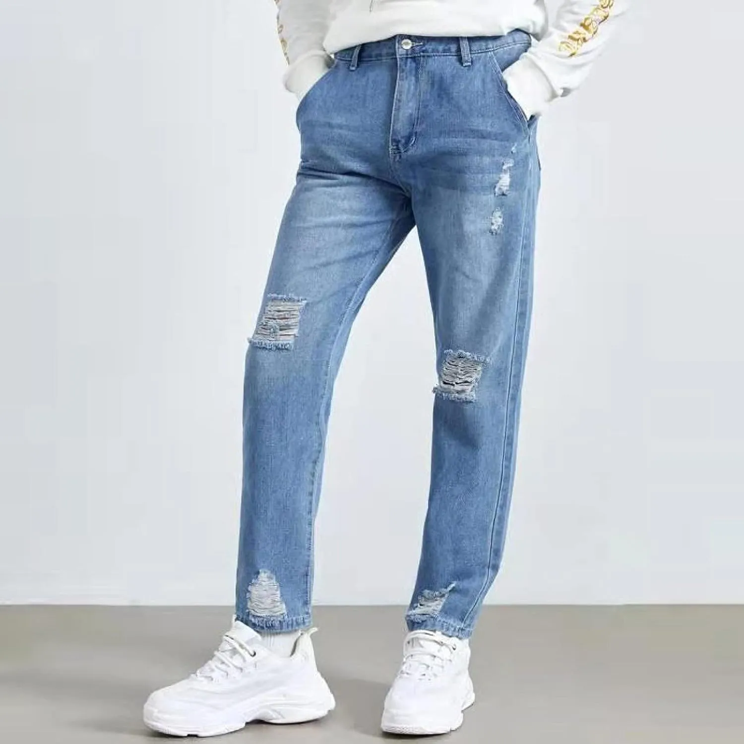 Blue Straight Leg Jeans Men's Stretch Slim Fit Jean Ripped Slim Fit Straight Jeans Denim,Plus Size