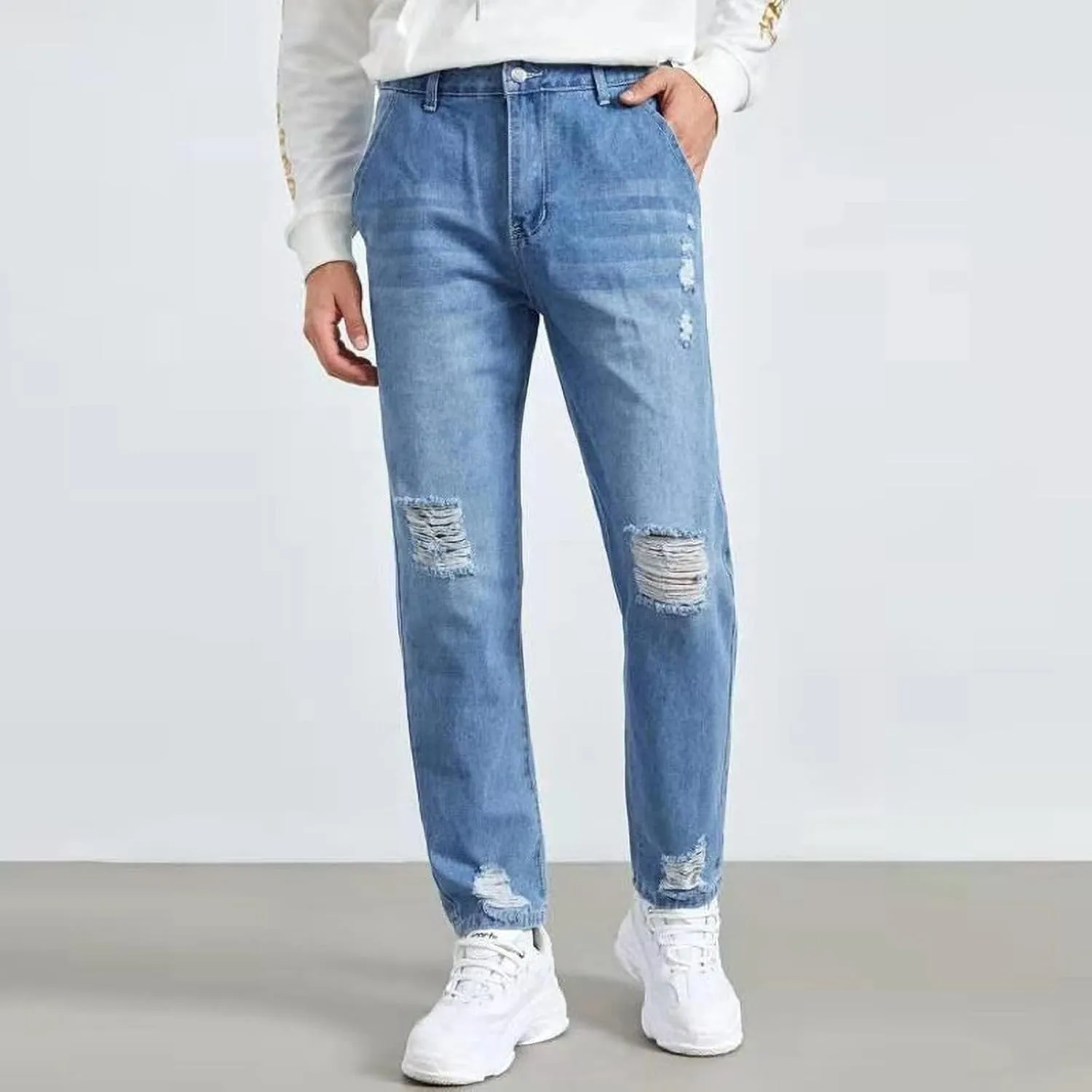 Blue Straight Leg Jeans Men's Stretch Slim Fit Jean Ripped Slim Fit Straight Jeans Denim,Plus Size
