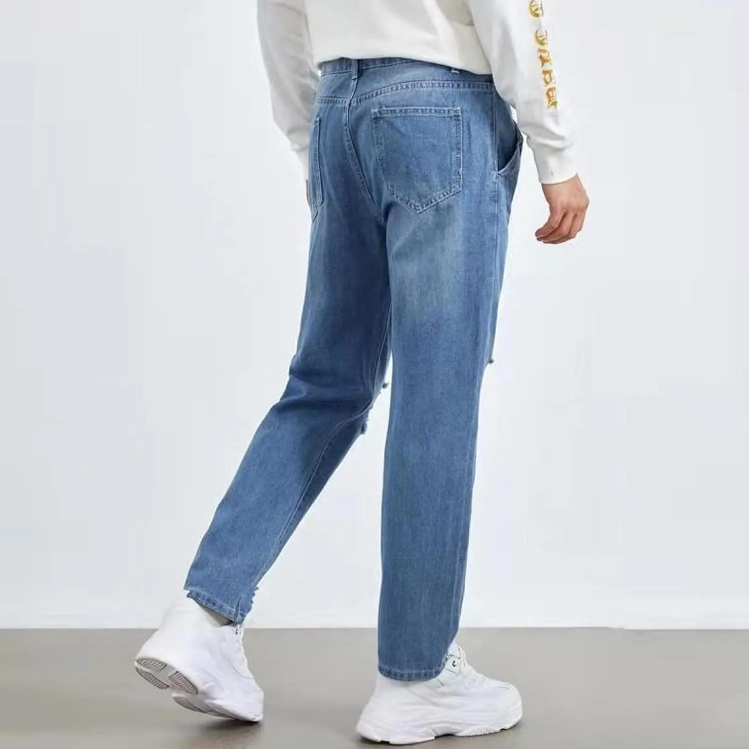 Blue Straight Leg Jeans Men's Stretch Slim Fit Jean Ripped Slim Fit Straight Jeans Denim,Plus Size