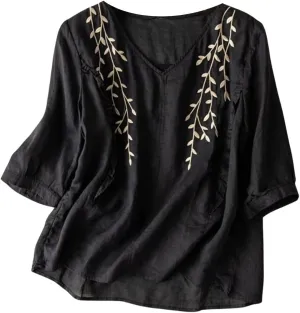 Boho Linen Shirts for Women 2025 Crew Neck Floral Retro Casual Short Sleeved Tee Shirts Loose Boho Comfy Blouses