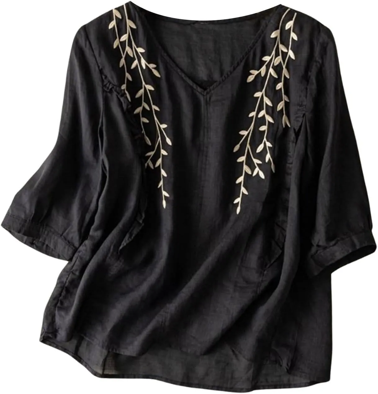 Boho Linen Shirts for Women 2025 Crew Neck Floral Retro Casual Short Sleeved Tee Shirts Loose Boho Comfy Blouses