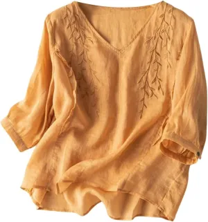 Boho Linen Shirts for Women 2025 Crew Neck Floral Retro Casual Short Sleeved Tee Shirts Loose Boho Comfy Blouses
