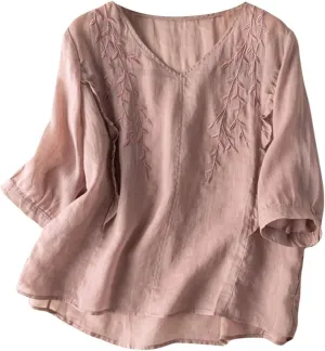 Boho Linen Shirts for Women 2025 Crew Neck Floral Retro Casual Short Sleeved Tee Shirts Loose Boho Comfy Blouses
