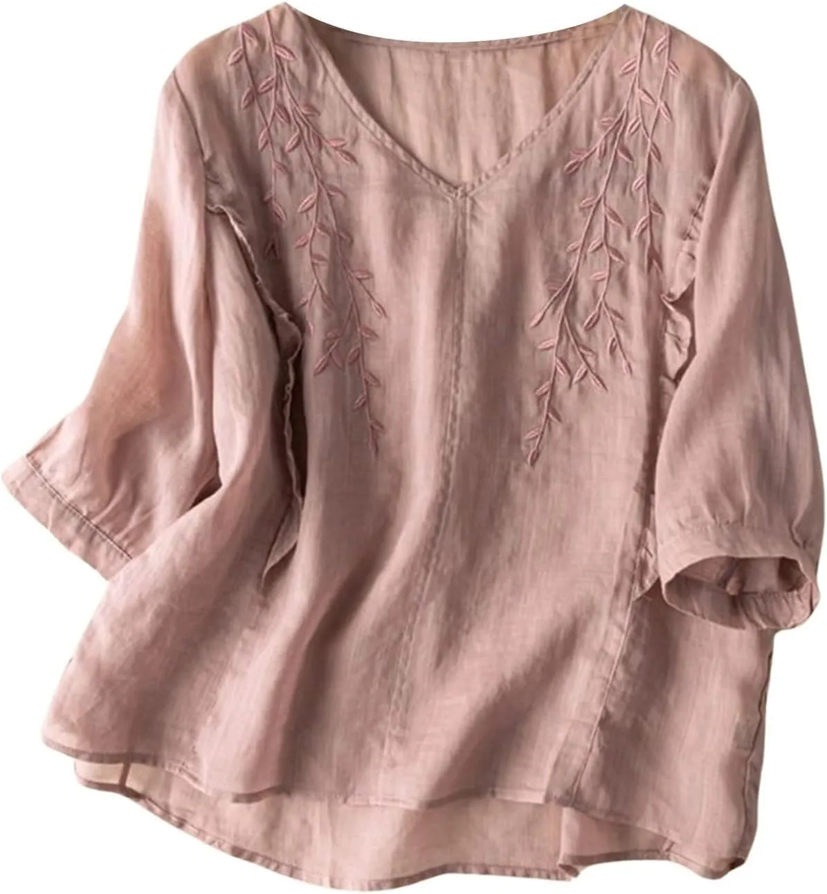 Boho Linen Shirts for Women 2025 Crew Neck Floral Retro Casual Short Sleeved Tee Shirts Loose Boho Comfy Blouses