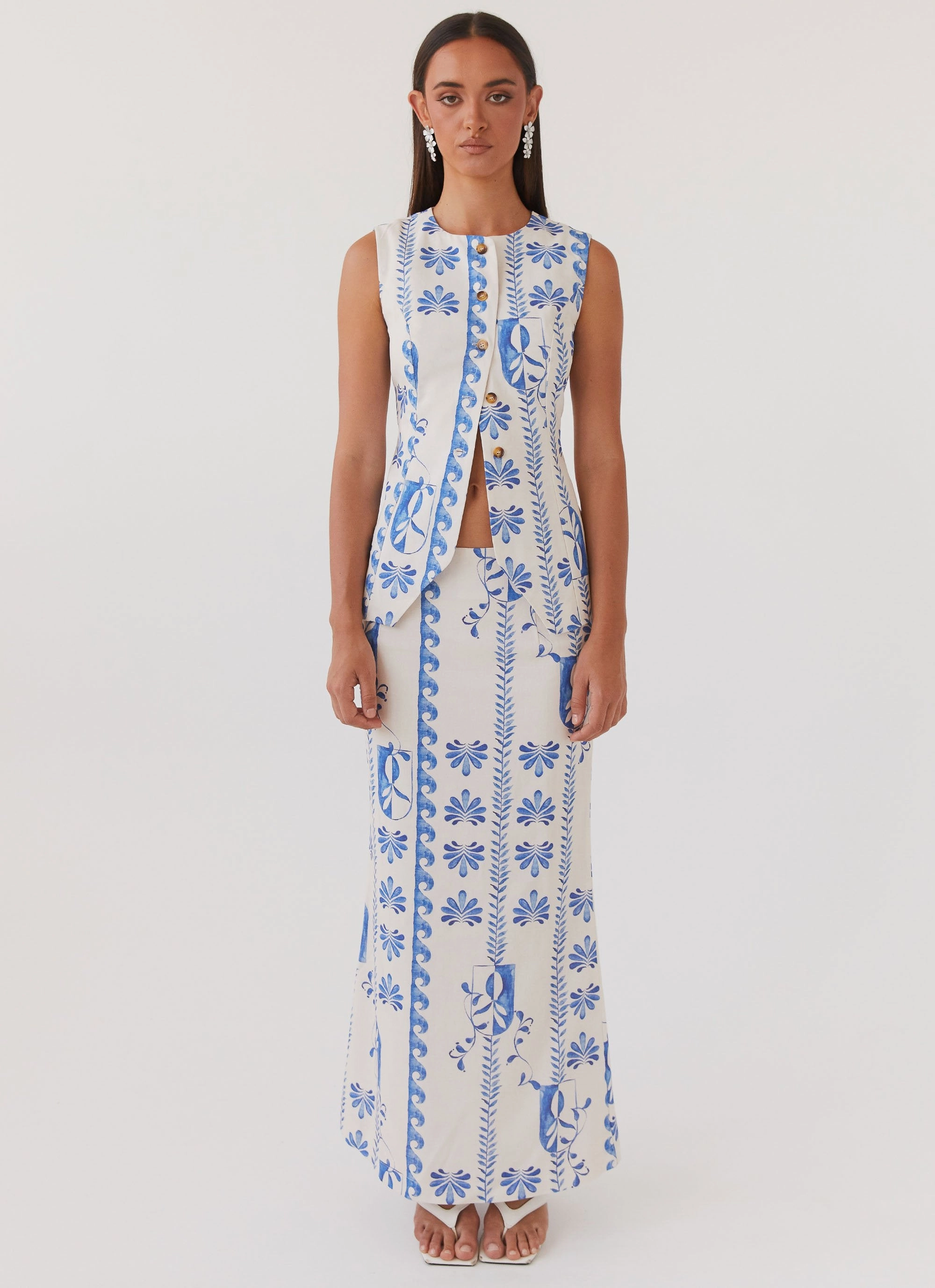 Born For Bordeaux Linen Midi Skirt - Floral Wave Wrinkle Resistant Luxury Finish