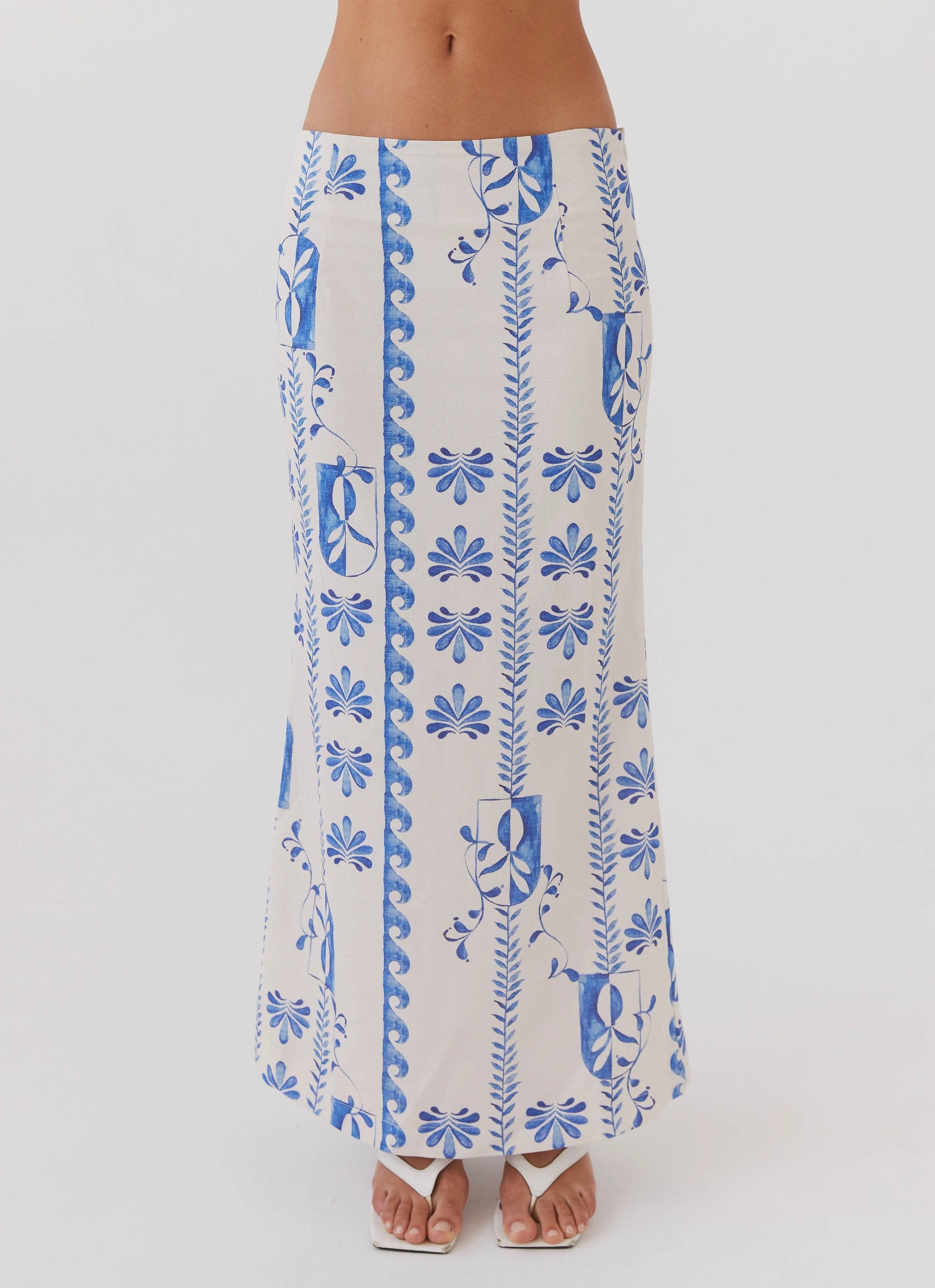 Pocket Design Spring Must Have Born For Bordeaux Linen Midi Skirt - Floral Wave