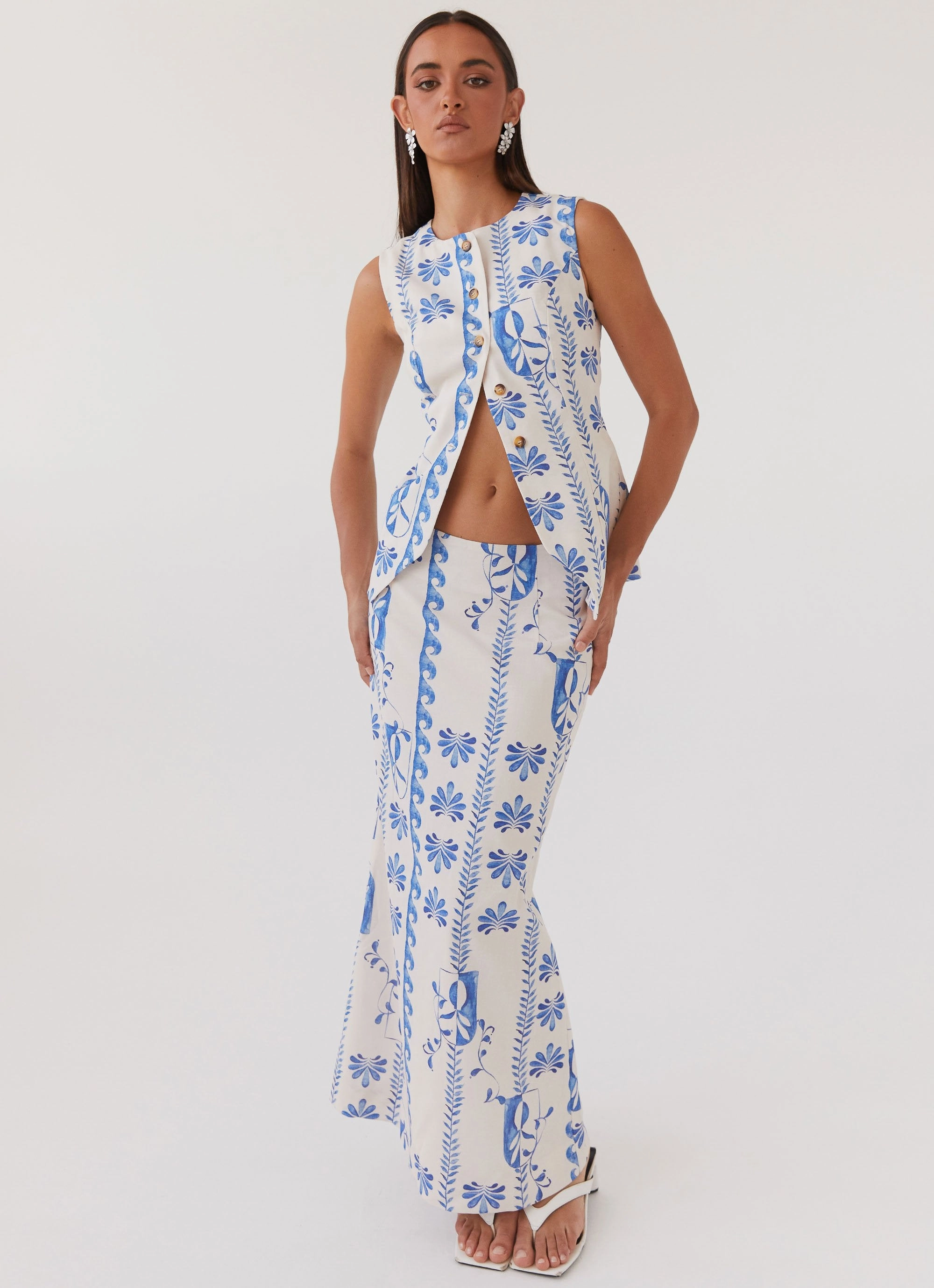 Born For Bordeaux Linen Midi Skirt - Floral Wave Fair trade