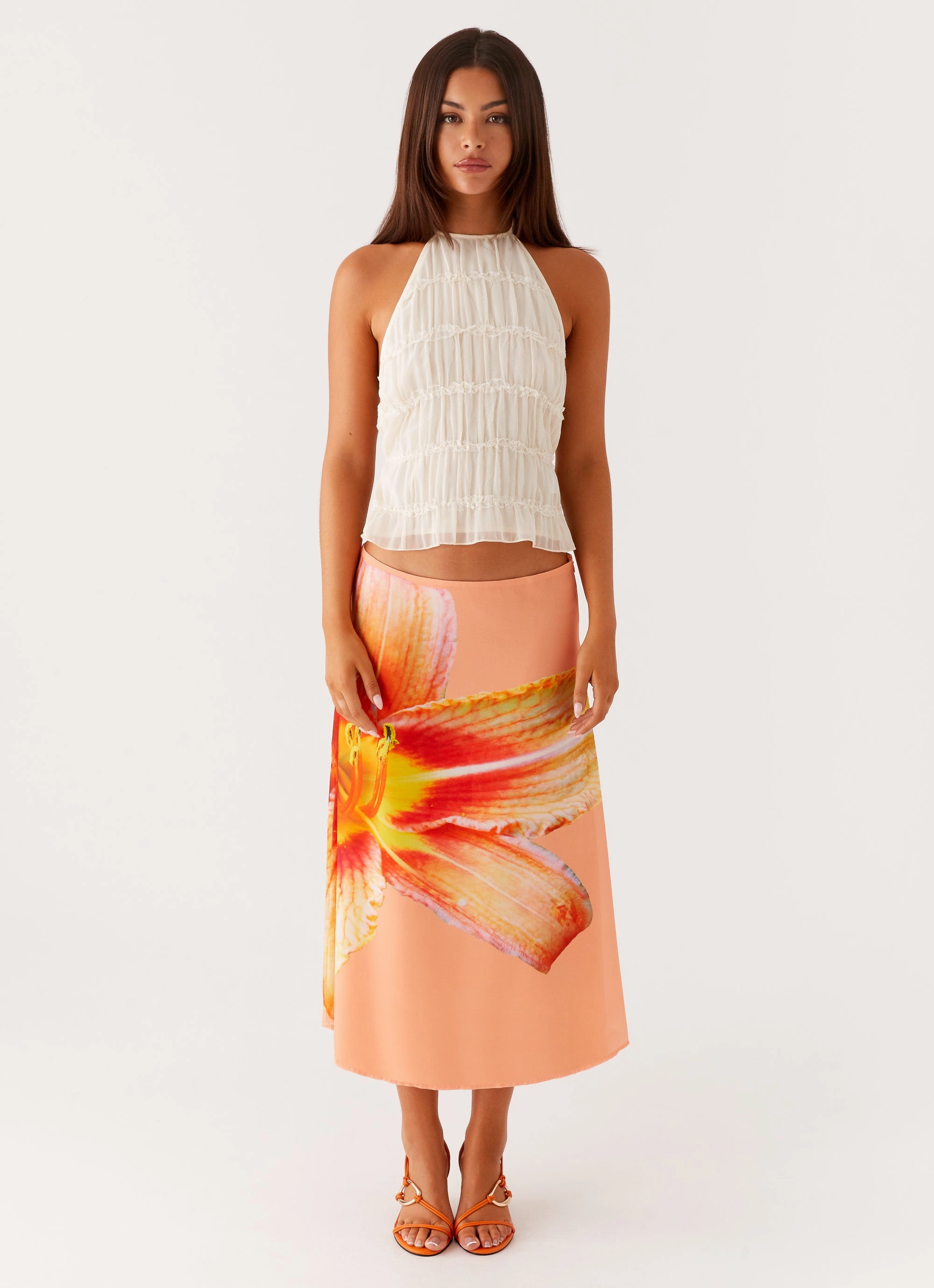 Summertime Midi Skirt - Orange Floral Slip Resistant Waistband