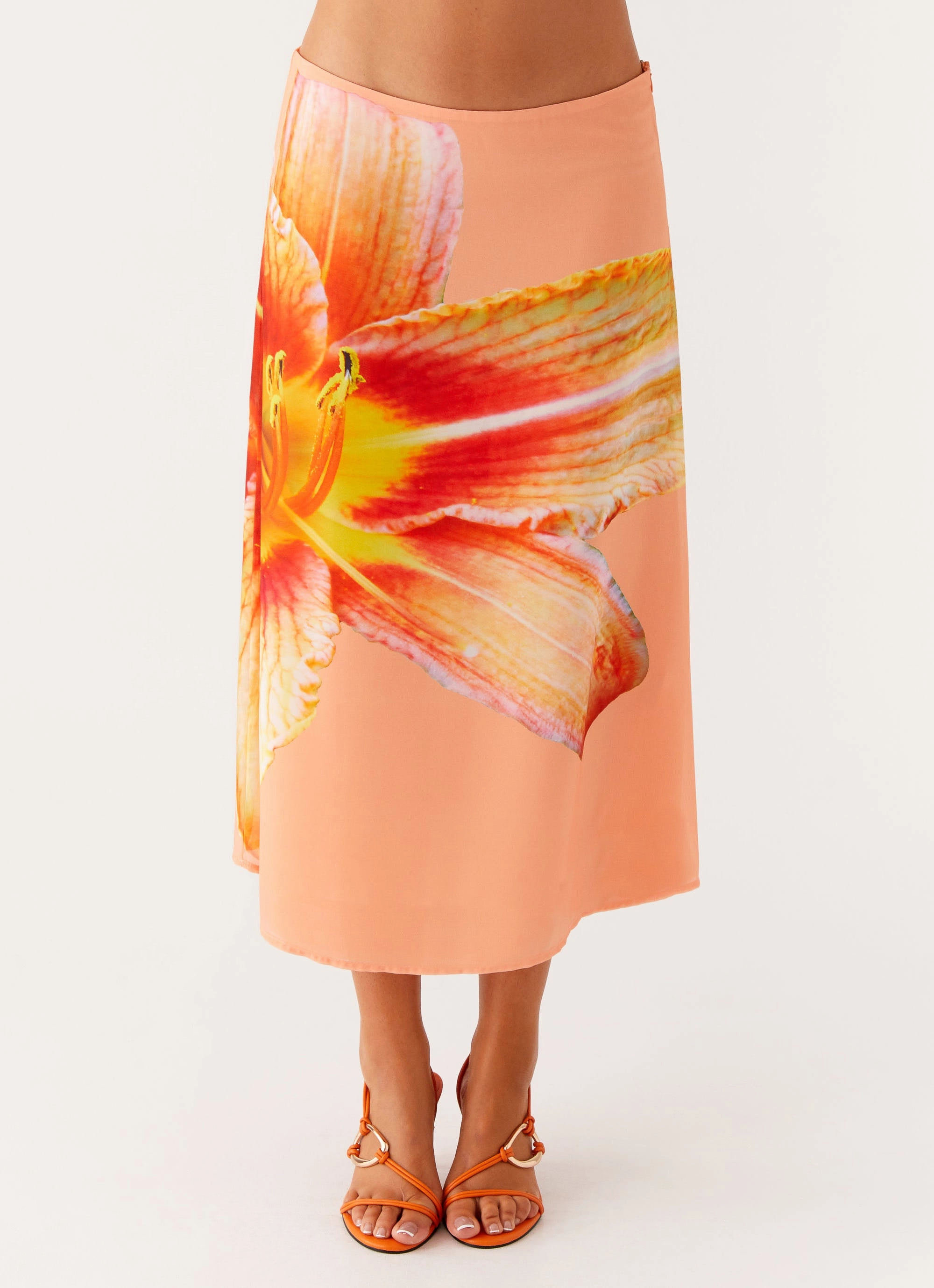 Calm Mood Timeless Touch Summertime Midi Skirt - Orange Floral