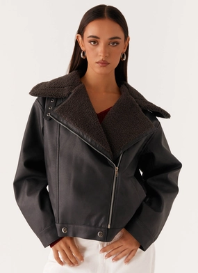 CompressionResistant No Collar Inka PU Leather Shearling Jacket - Charcoal