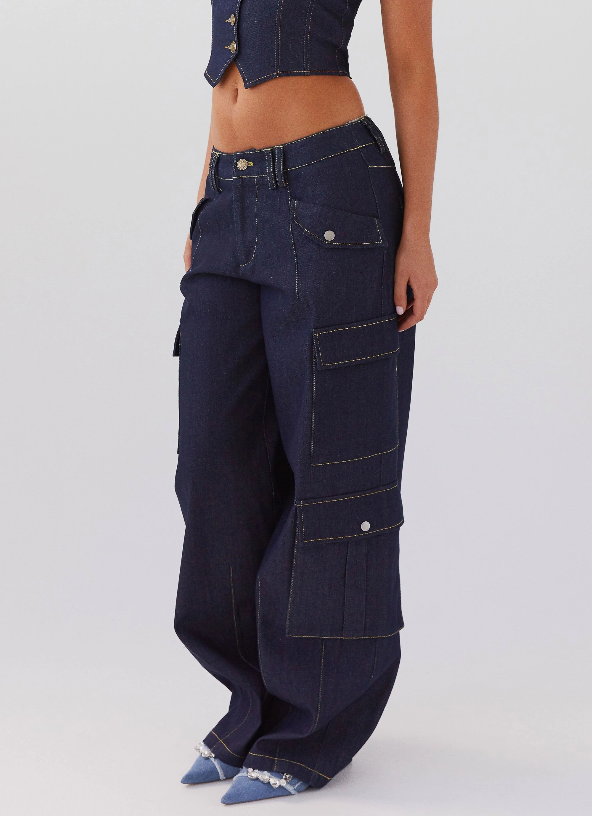Greedy Denim Cargo Pants - Indigo QuiltedPattern