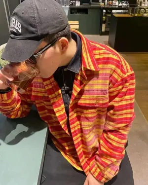Bonsir Vintage Korean Brand Fashion Trend Washed Flannel Plaid Shirt Striped High-Street Style Cotton Shirt Sweater